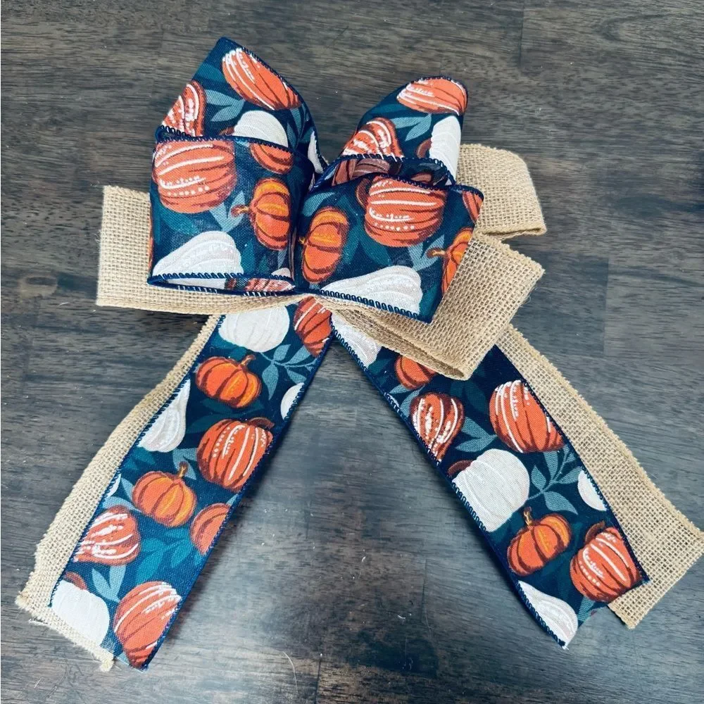 Fall Autumn Handmade Rustic Farmhouse Pumpkin Burlap Ribbon Bow